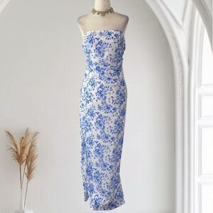 Preppy Coquette Light Blue White Bandeau Cinched Strapless Maxi Dress XL